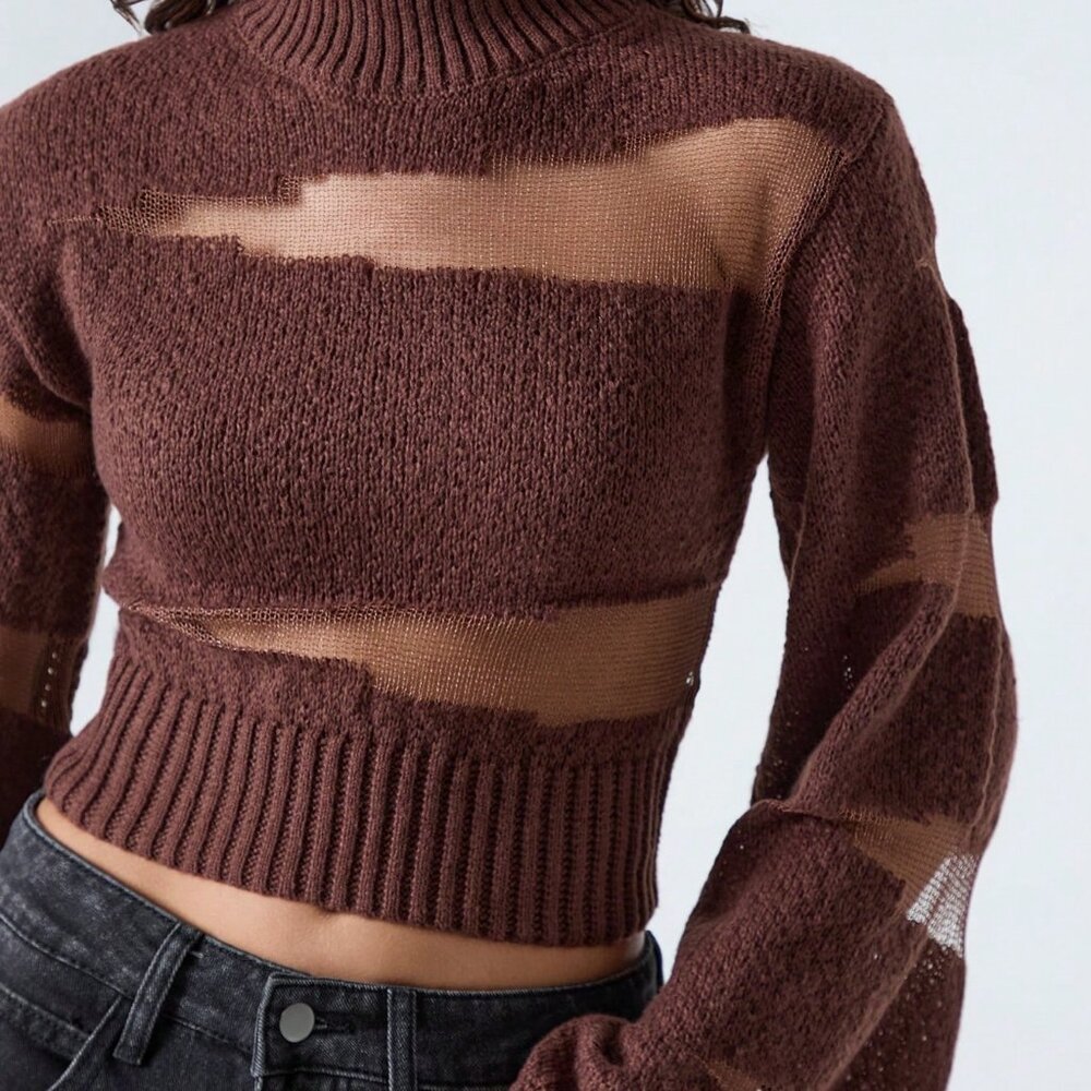 Brown Casual Women's Fashion Sheer Patchwork Flare Sleeve Cropped Sweater - Picture 6 of 7